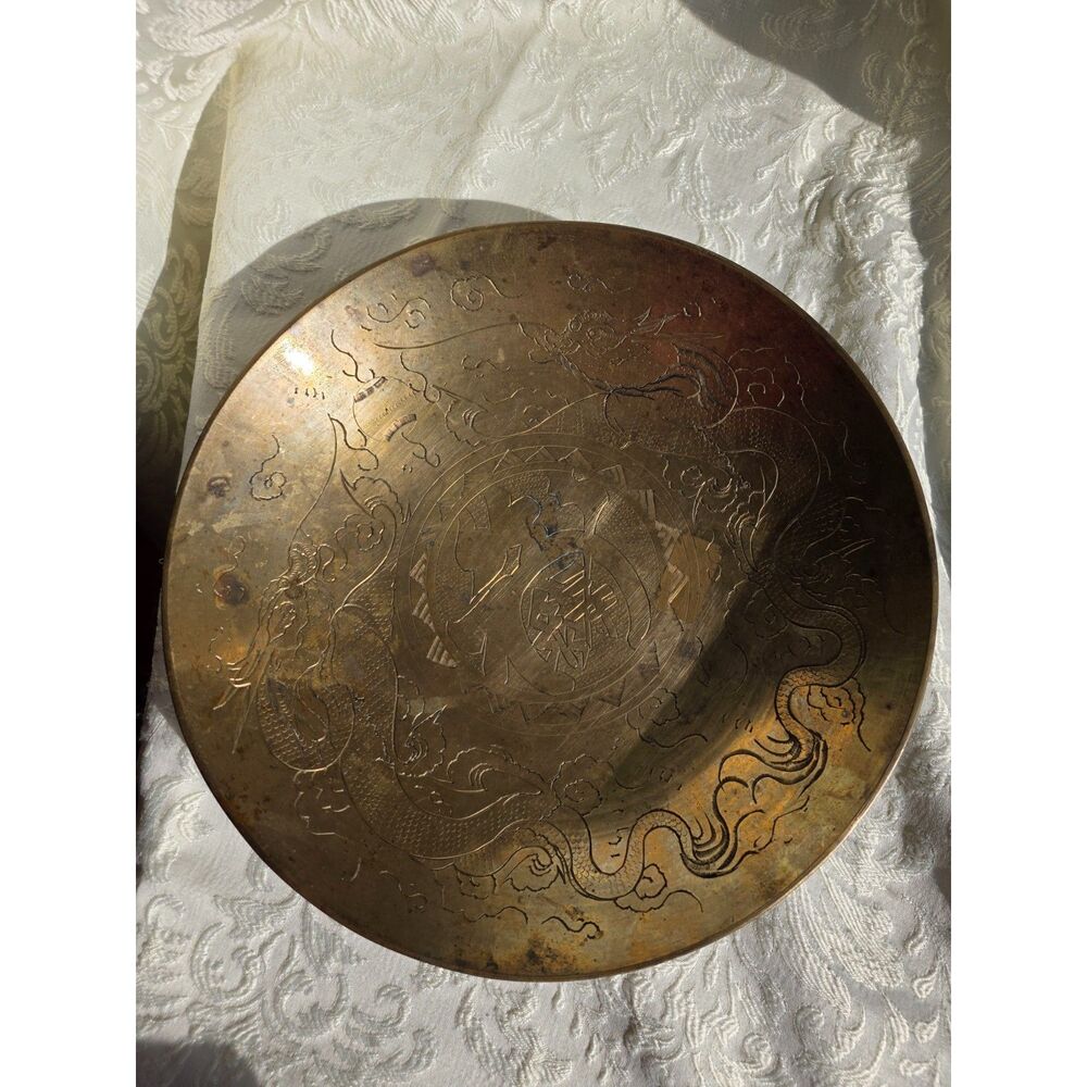 Vintage Brass Carved Etched Dragon 12" Brass Decorative Bowl